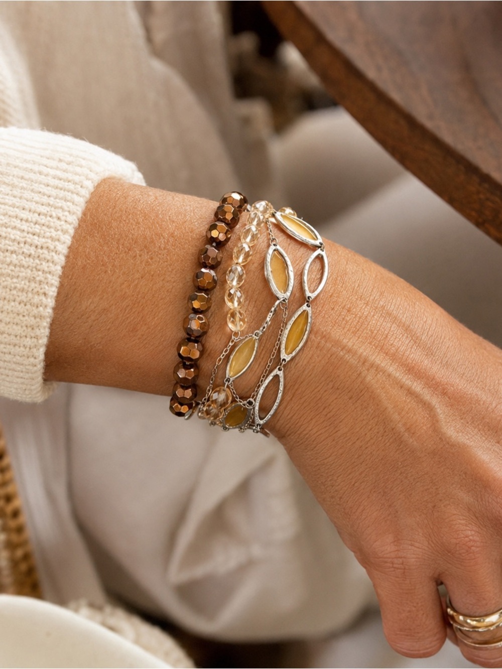 Sigrid Olsen Multi Strand Beaded Bracelet Bronze Yellow Silver Tone Toggle